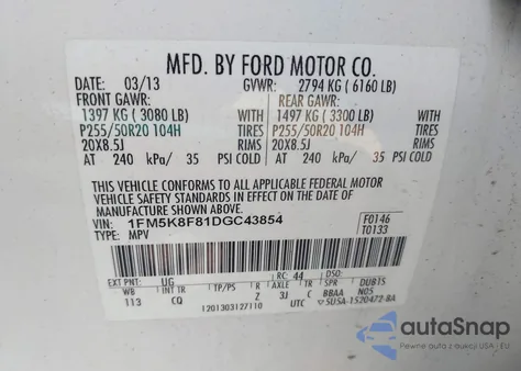 2013 Ford Explorer Limited из США, поврежденный, VIN 1FM5K8F81DGC43854